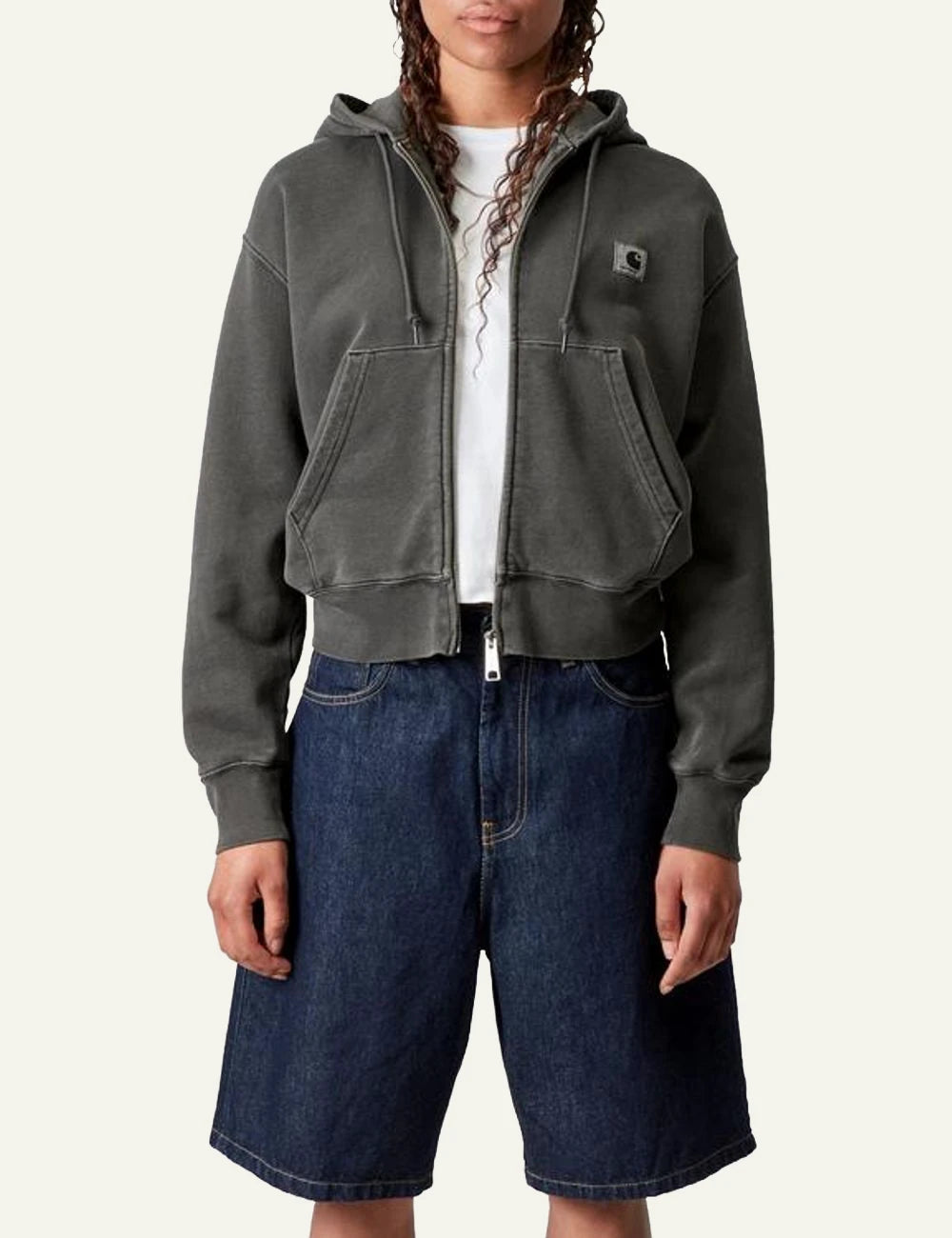 Carhartt zip up hoodie in washed grey with front pocket front model view