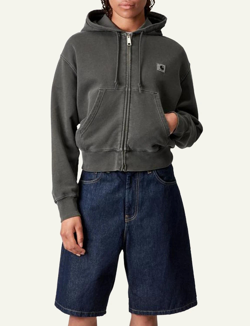 Carhartt zip up hoodie in washed grey with front pocket front view model 2 