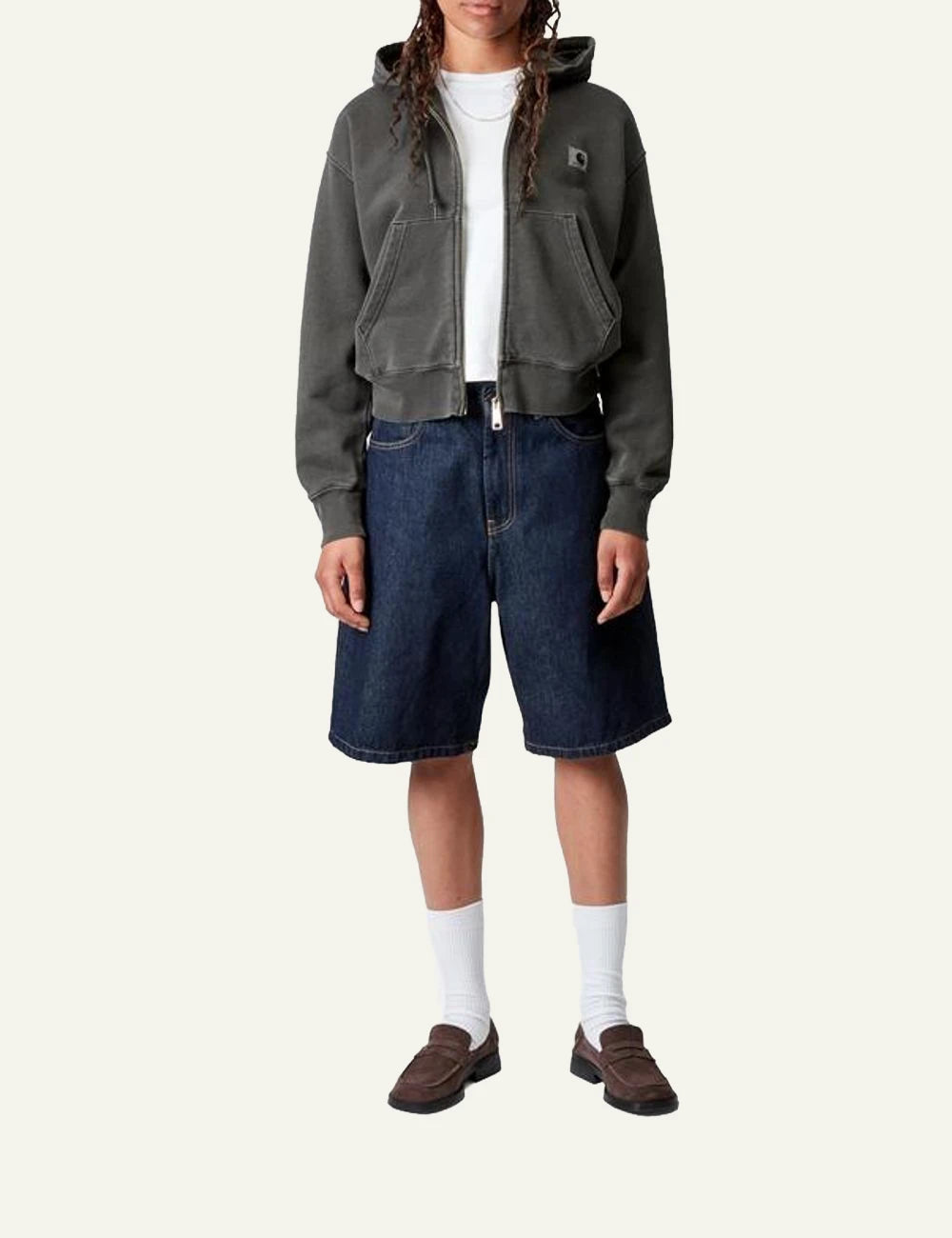 Carhartt zip up hoodie in washed grey with front pocket full body view