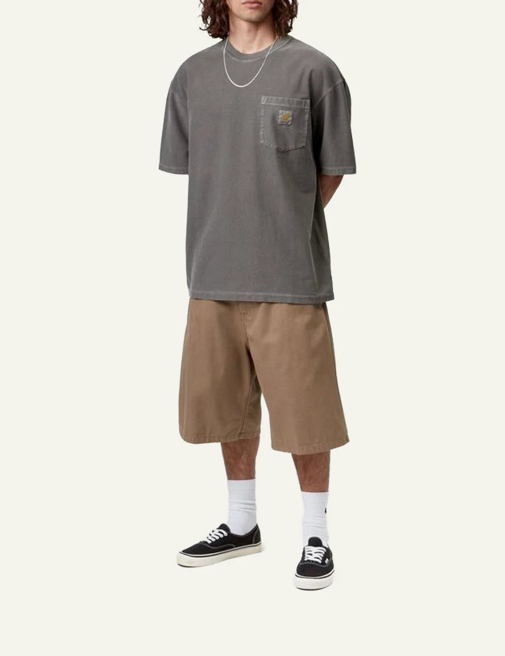 Carhartt WIP pocket tee taupe chest pocket front full body view