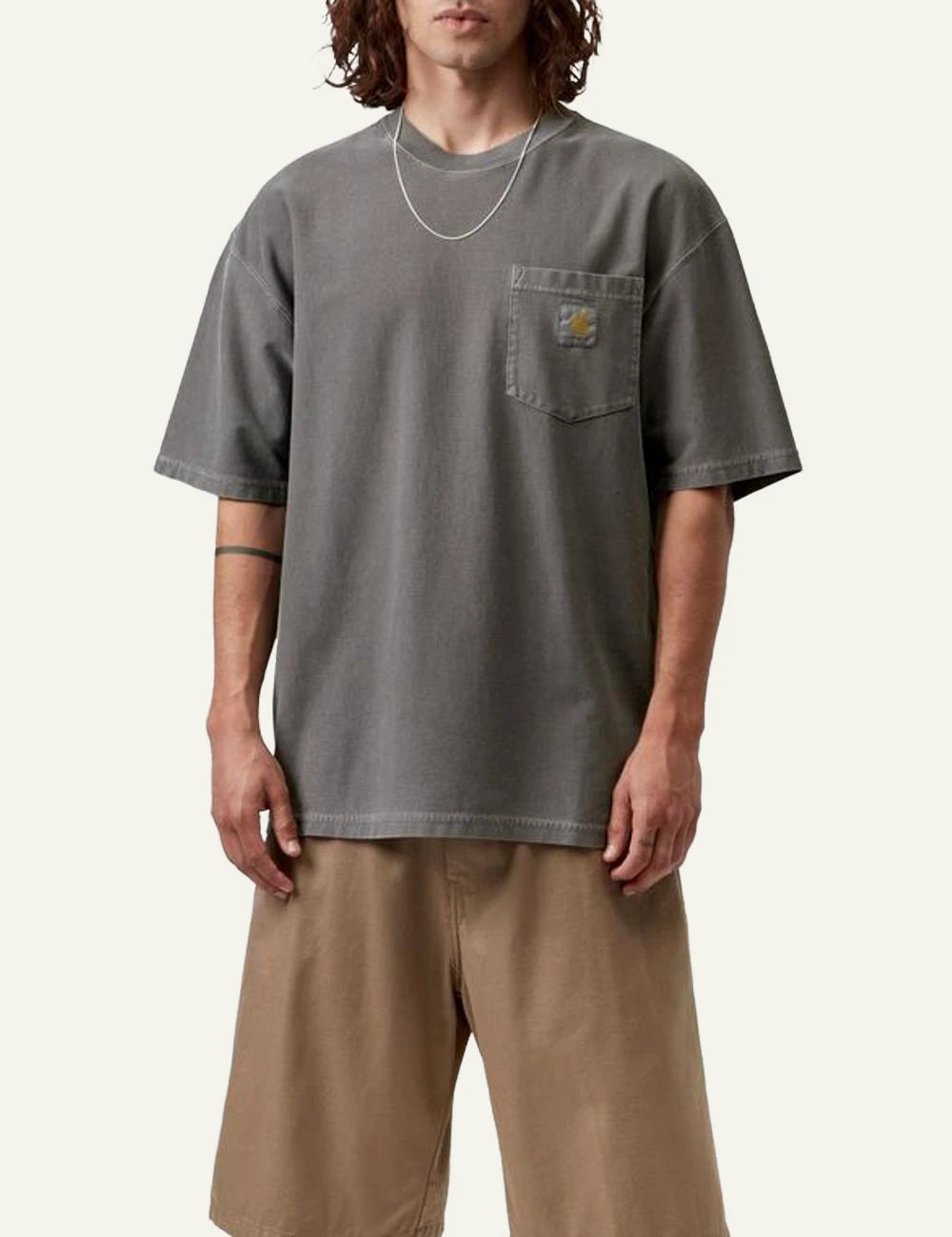 Carhartt WIP pocket tee taupe chest pocket front model view