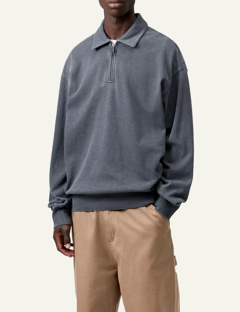 Carhartt WIP Harper Polo sweatshirt blue grey garment dyed front model view