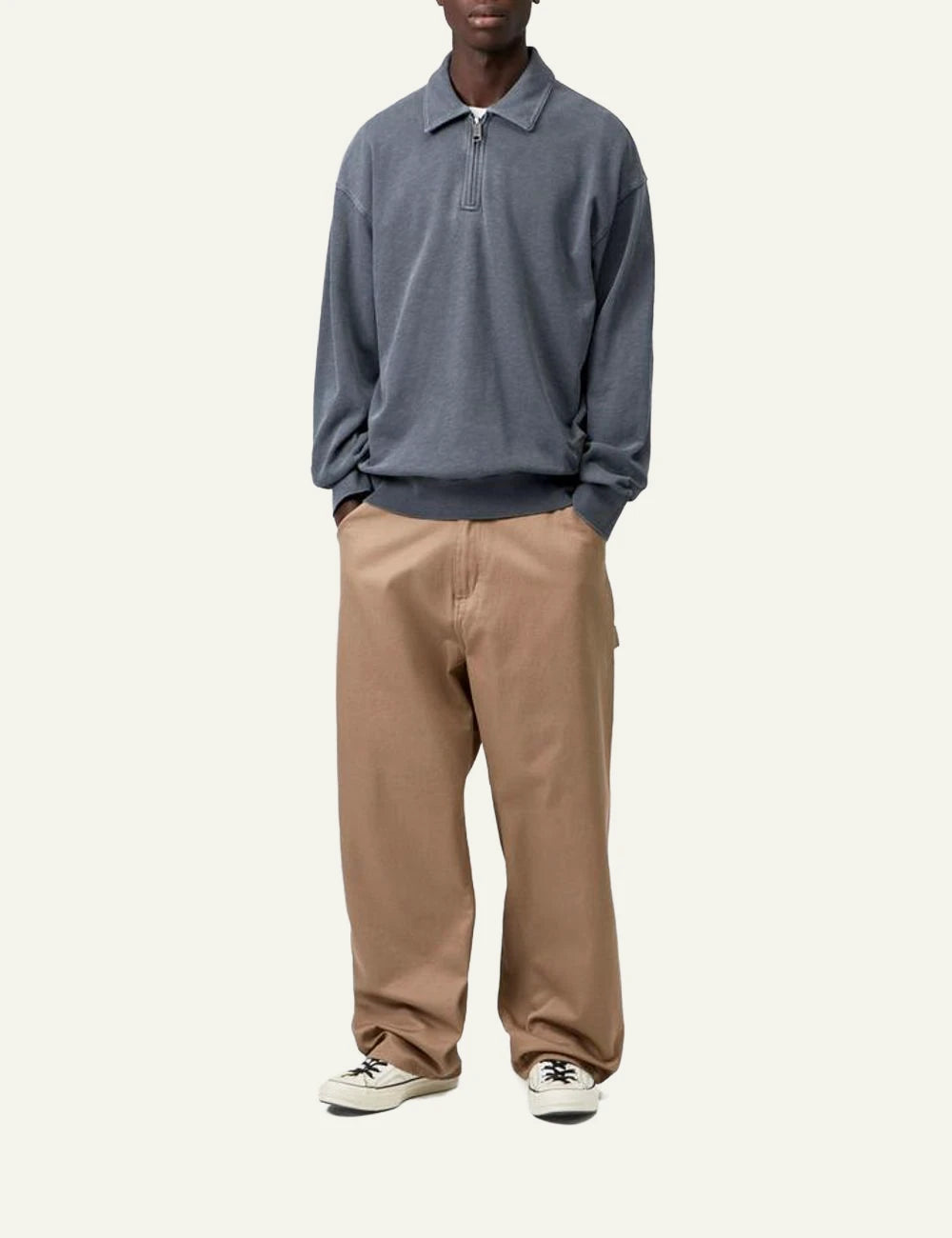 Carhartt WIP Harper Polo sweatshirt blue grey garment dyed front full view