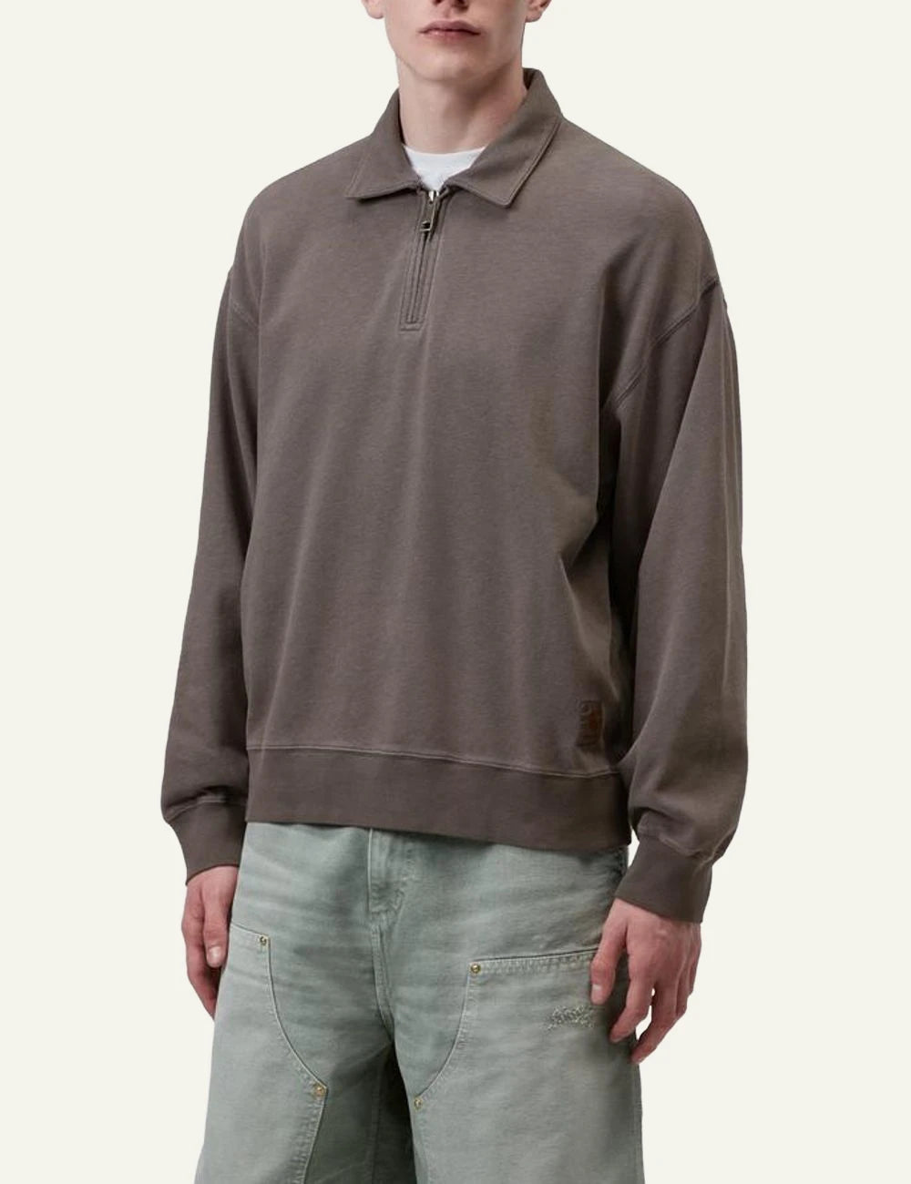 Carhartt WIP Harper Polo sweatshirt taupe garment dyed front model view