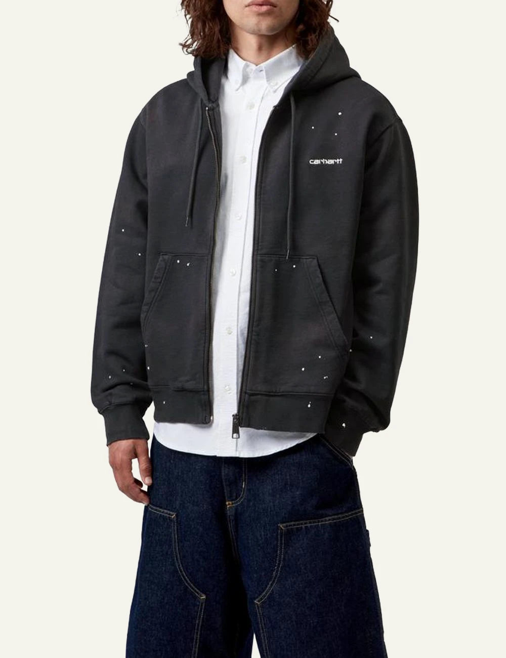 Carhartt WIP Hooded Painter Jacket black destroy wash me white paint details front detail view