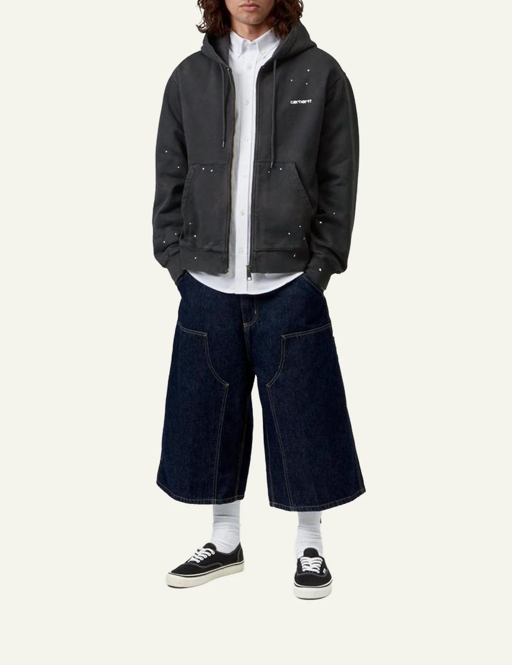 Carhartt WIP Hooded Painter Jacket black destroy wash me white paint details front full body view