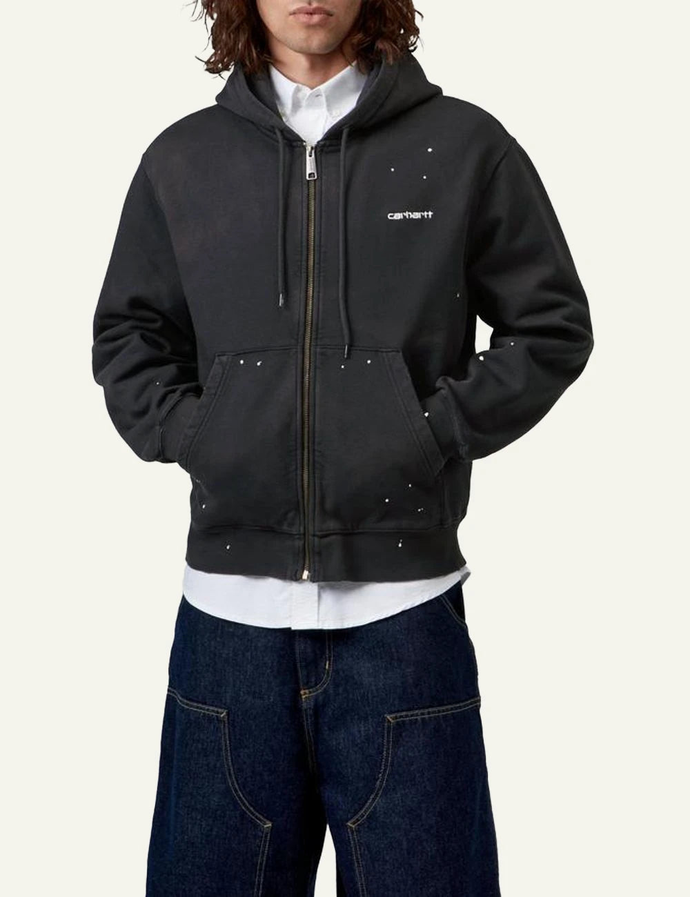 Carhartt WIP Hooded Painter Jacket black destroy wash me white paint details front model view