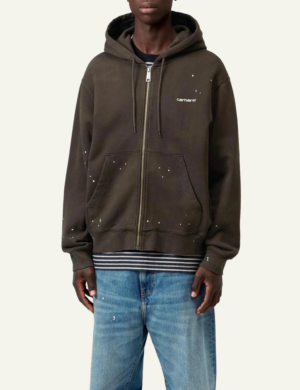 Carhartt WIP Hooded Painter Jacket destroy wash me white paint details front model view
