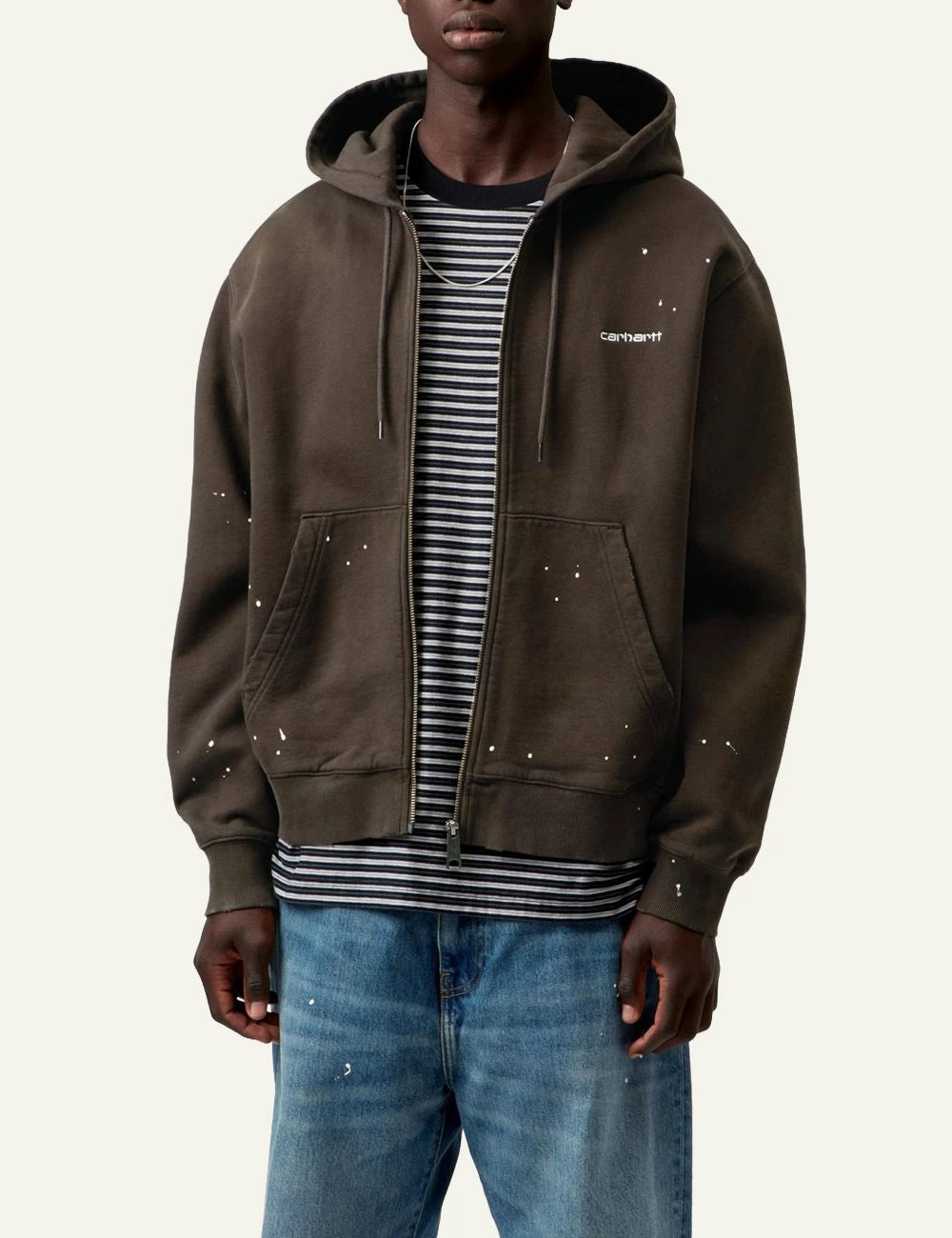 Carhartt WIP Hooded Painter Jacket destroy wash me white paint details front detail view