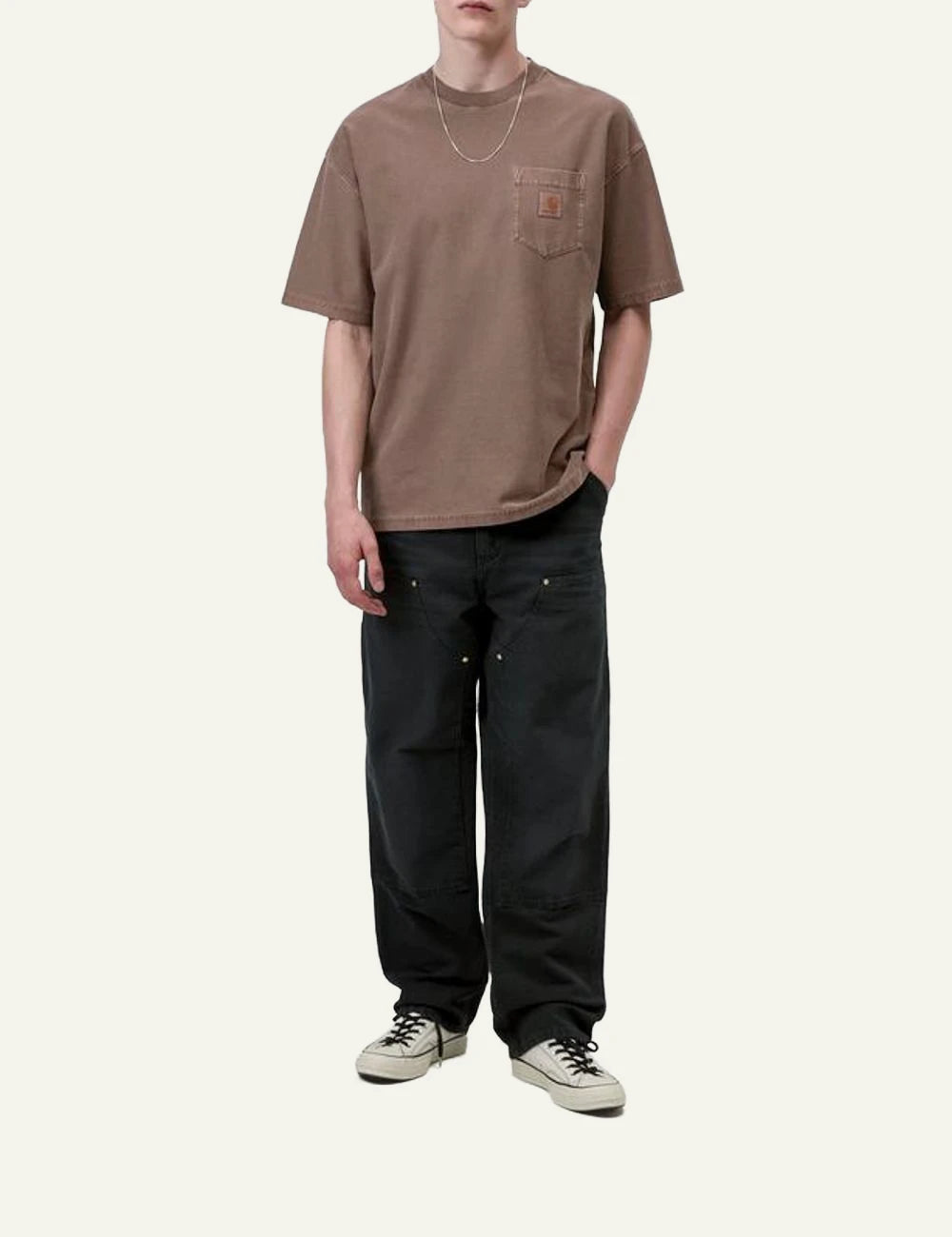 Carhartt WIP loose pocket tee taupe with chest pocket front full body view