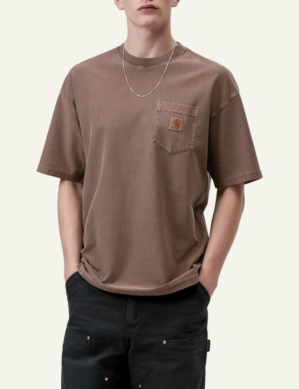 Carhartt WIP loose pocket tee taupe with chest pocket front model view