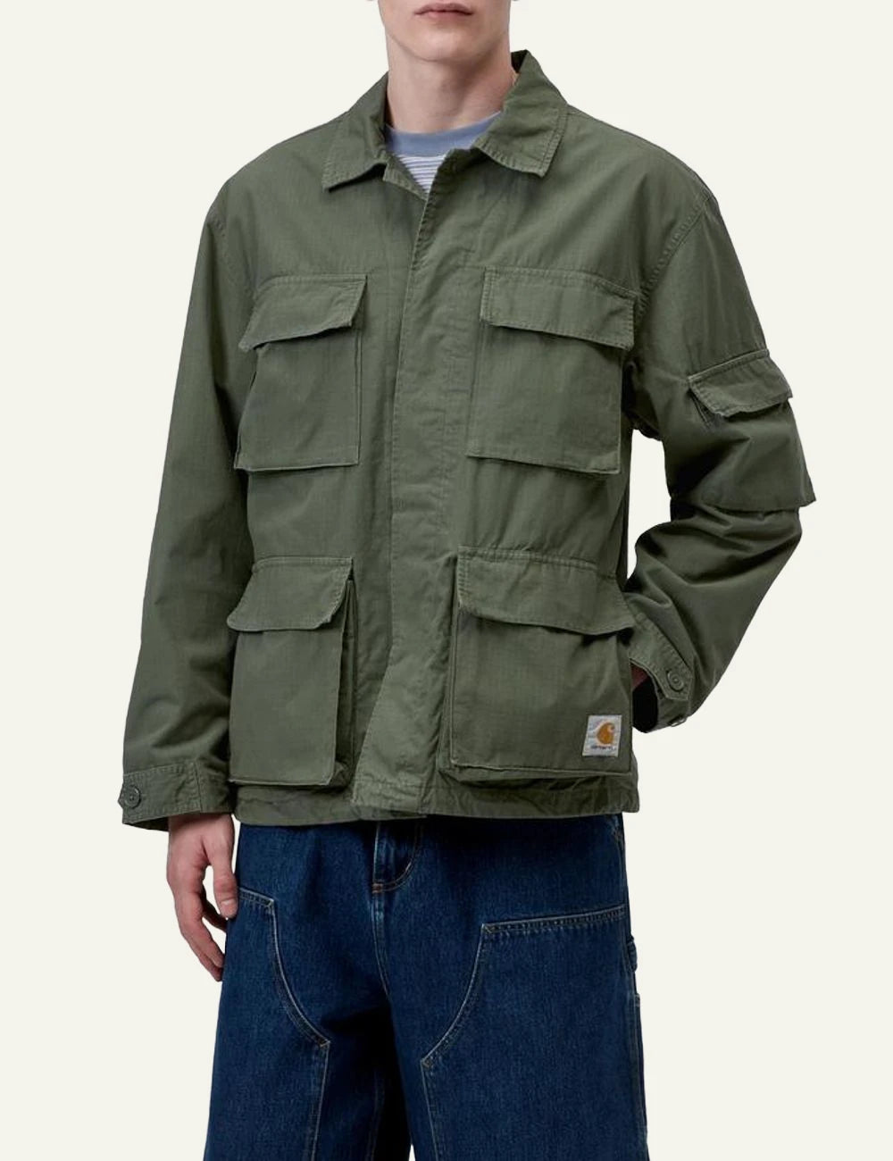 Carhartt WIP Manderson Jacket sage green ripstop utility front full body view
