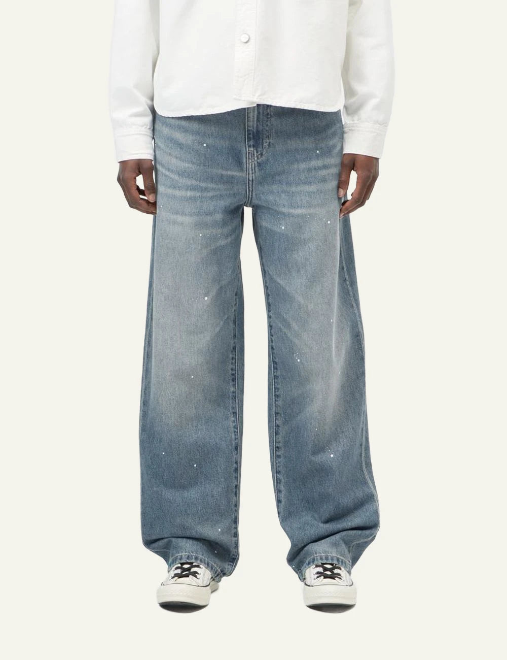 Carhartt WIP Arin jeans light blue destroy wash with paint details front model view
