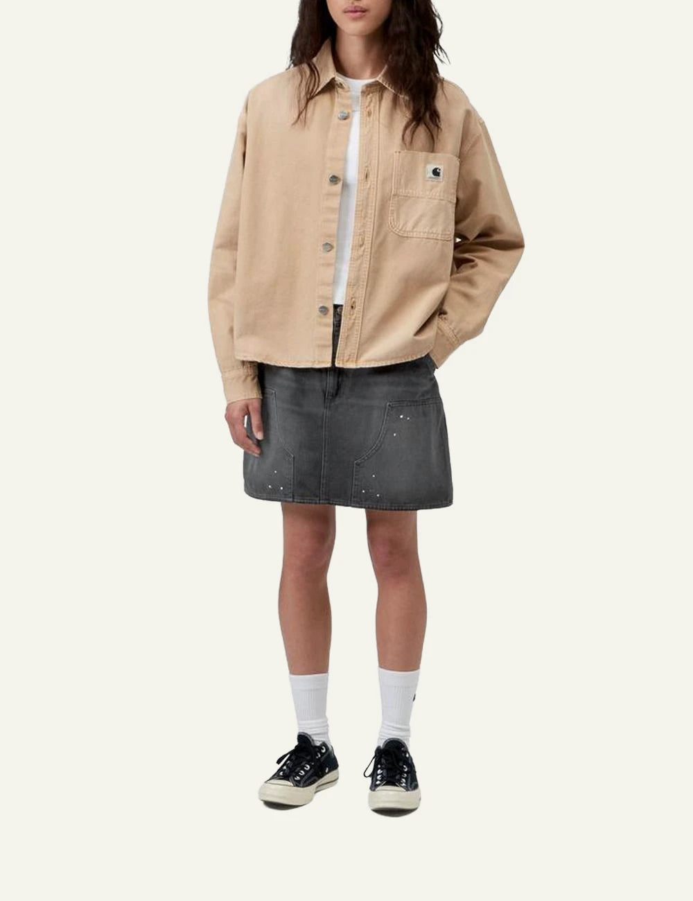 Carhartt WIP Maeve Double Knee denim skirt black destroy wash front full body view