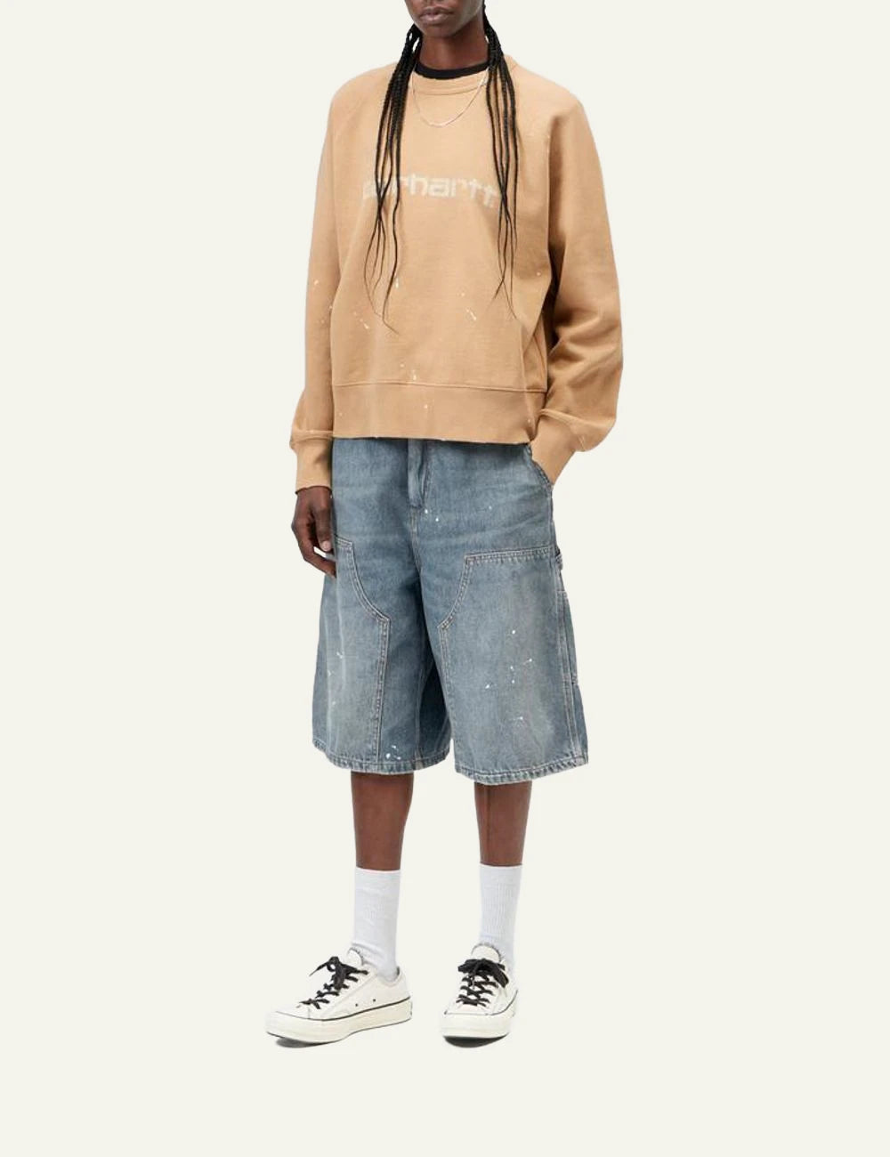 Carhartt WIP Nixon Double Knee denim shorts light blue destroy wash front full body view