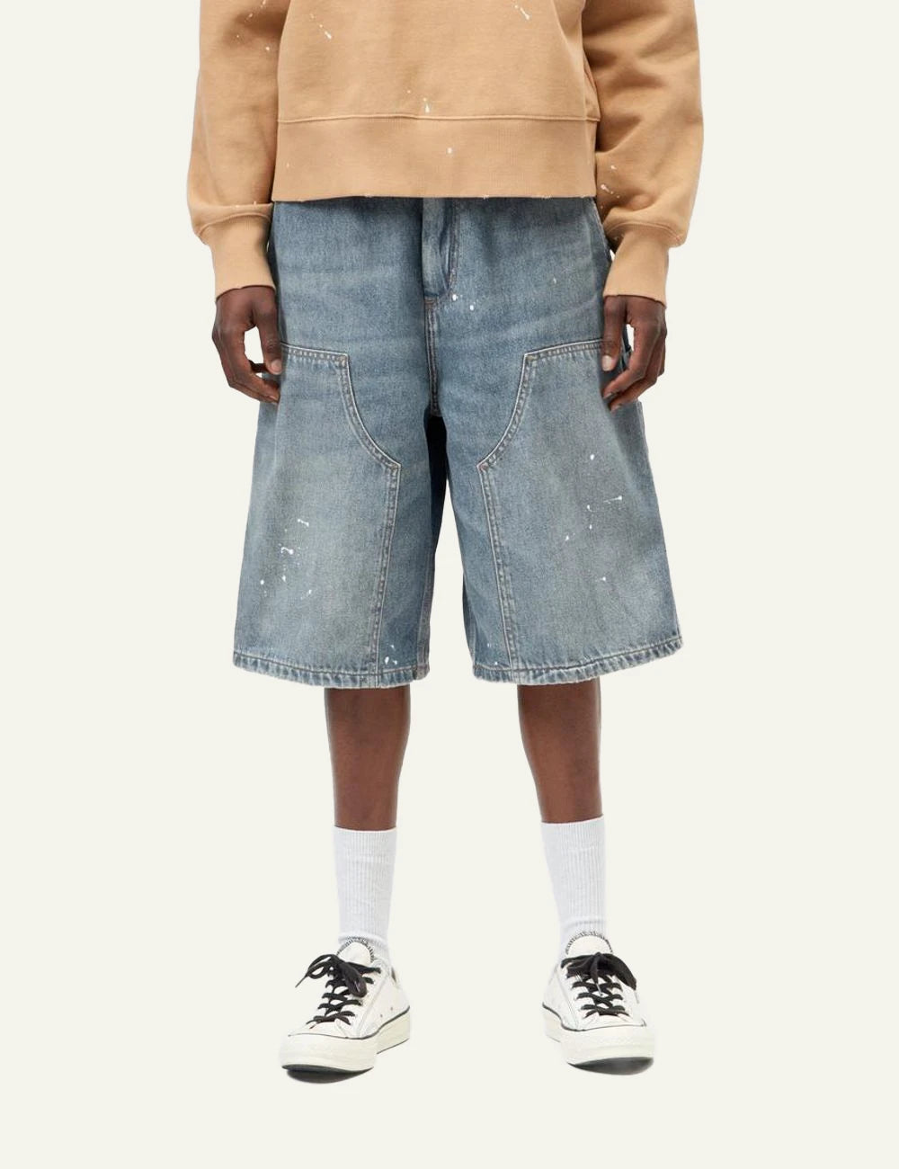 Carhartt WIP Nixon Double Knee denim shorts light blue destroy wash front model view