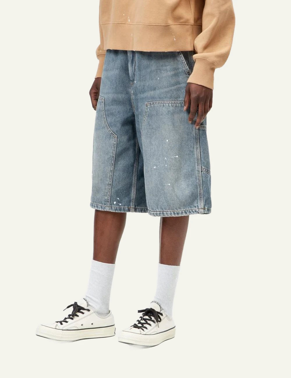 Carhartt WIP Nixon Double Knee denim shorts light blue destroy wash side view