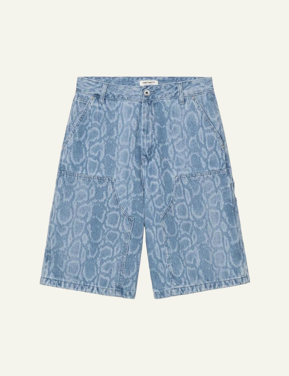Carhartt WIP Snake Nixon Double Knee denim shorts blue snake camo front view