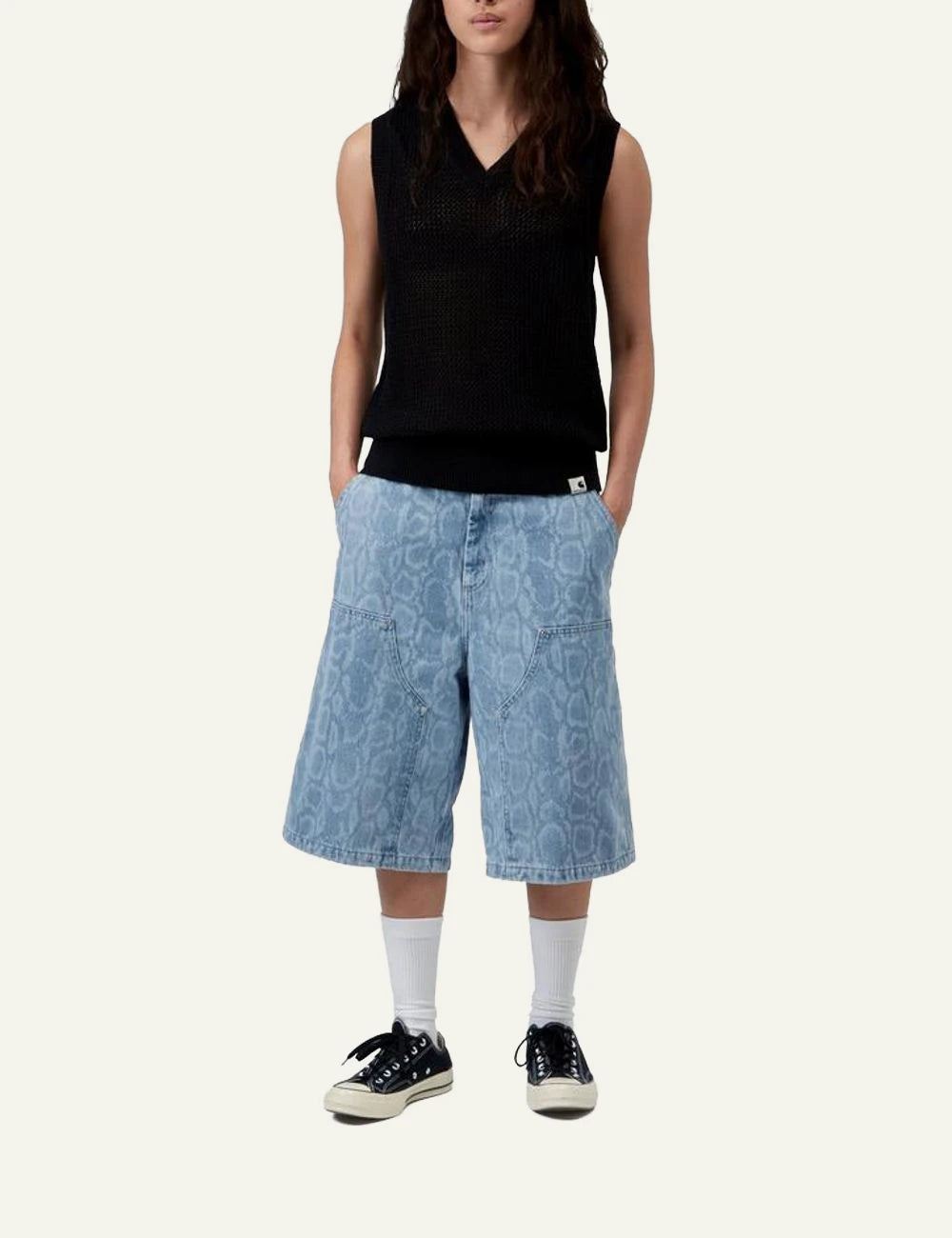 Carhartt WIP Snake Nixon Double Knee denim shorts blue snake camo front full body view