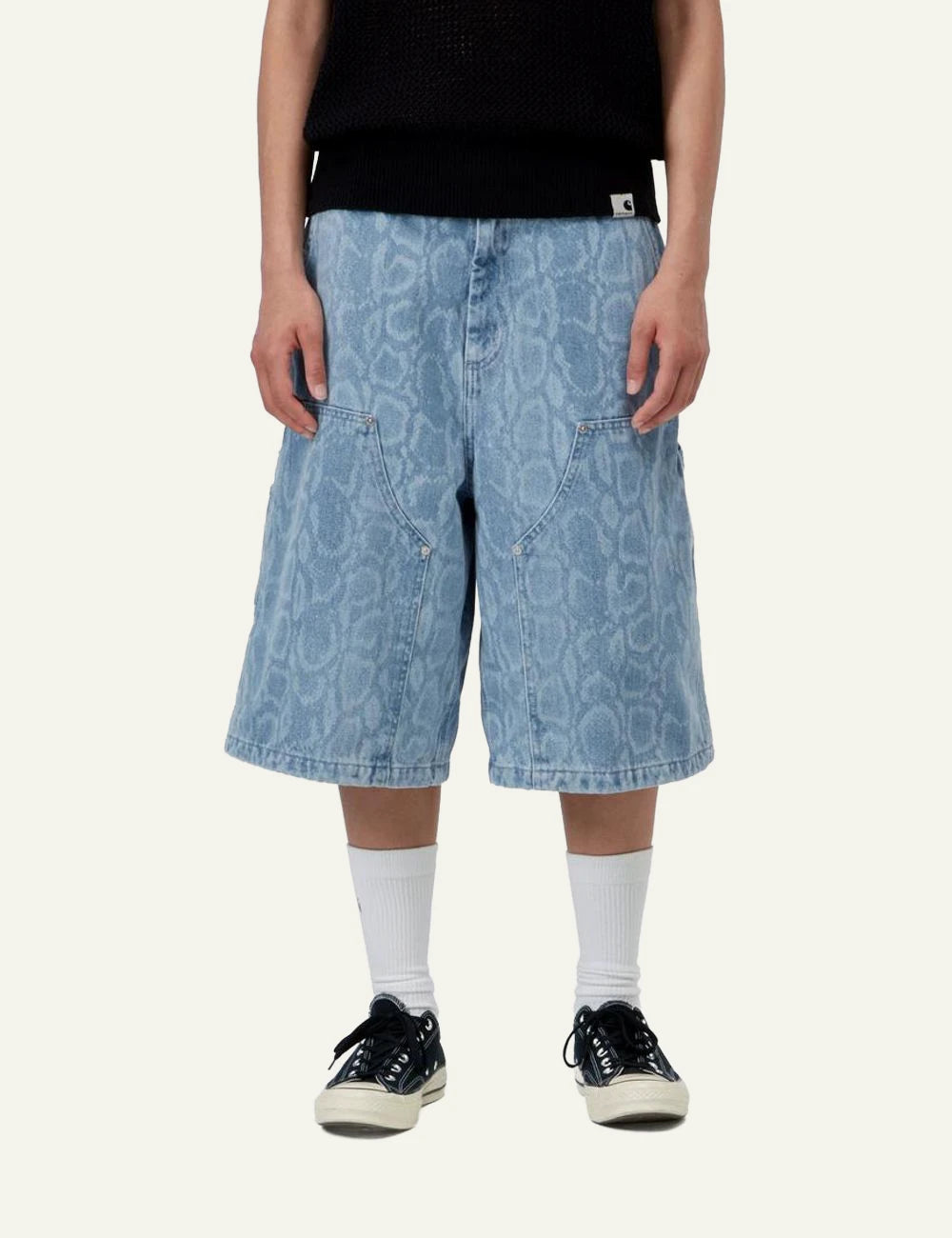 Carhartt WIP Snake Nixon Double Knee denim shorts blue snake camo front model view