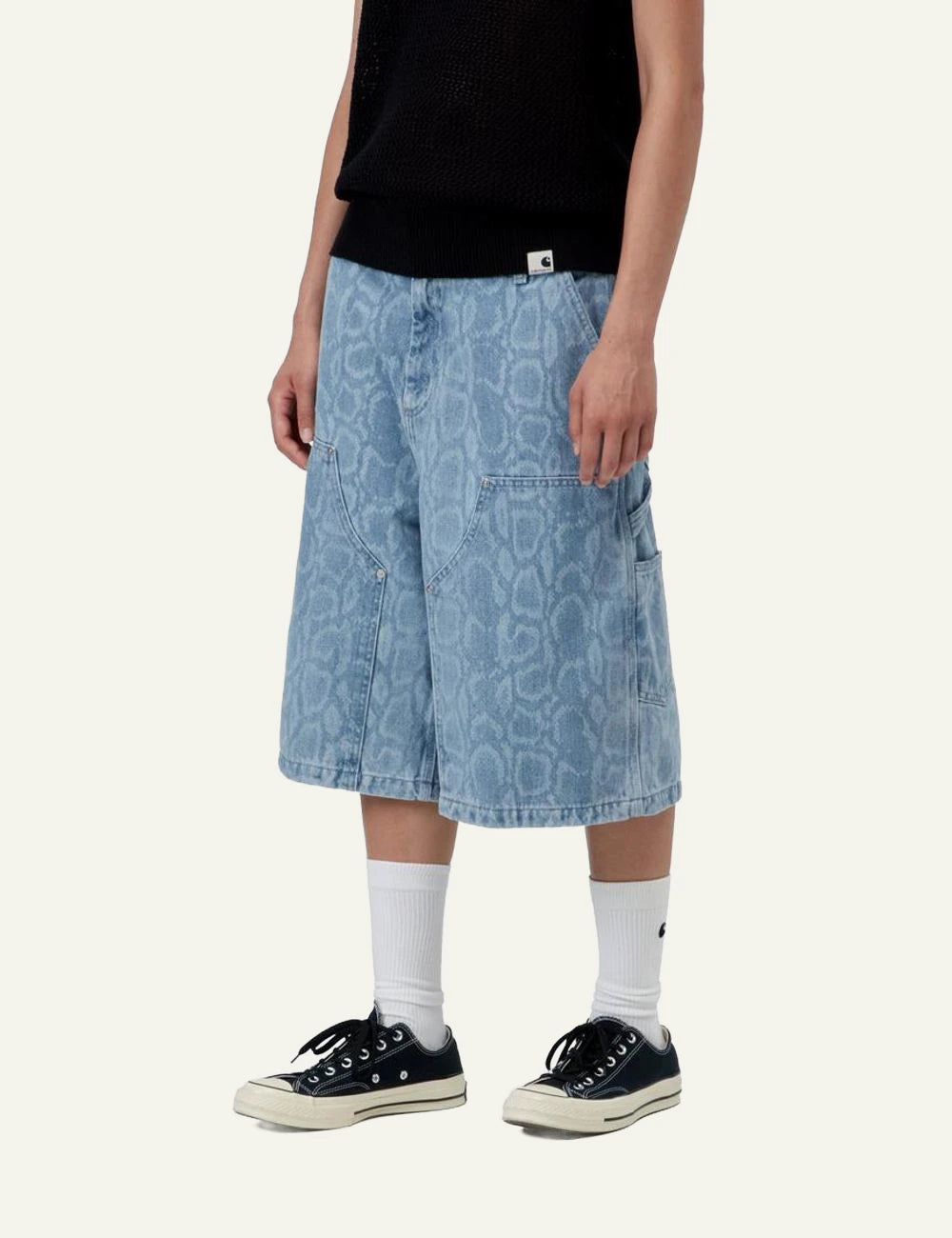 Carhartt WIP Snake Nixon Double Knee denim shorts blue snake camo side view