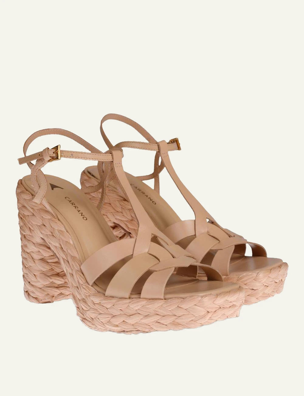 Carrano platform sandal beige leather multi strap raffia side view
