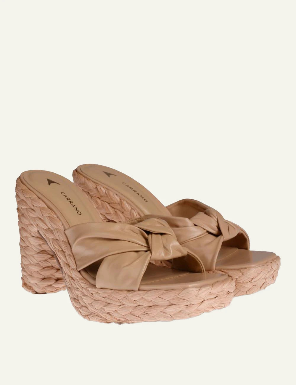 Carrano mule platform beige leather raffia heel profile view