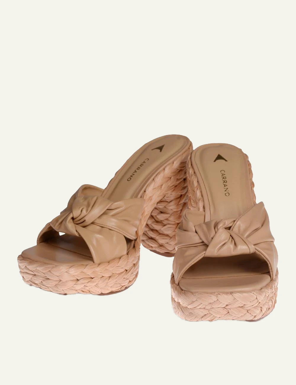 Carrano mule platform beige leather raffia heel front view