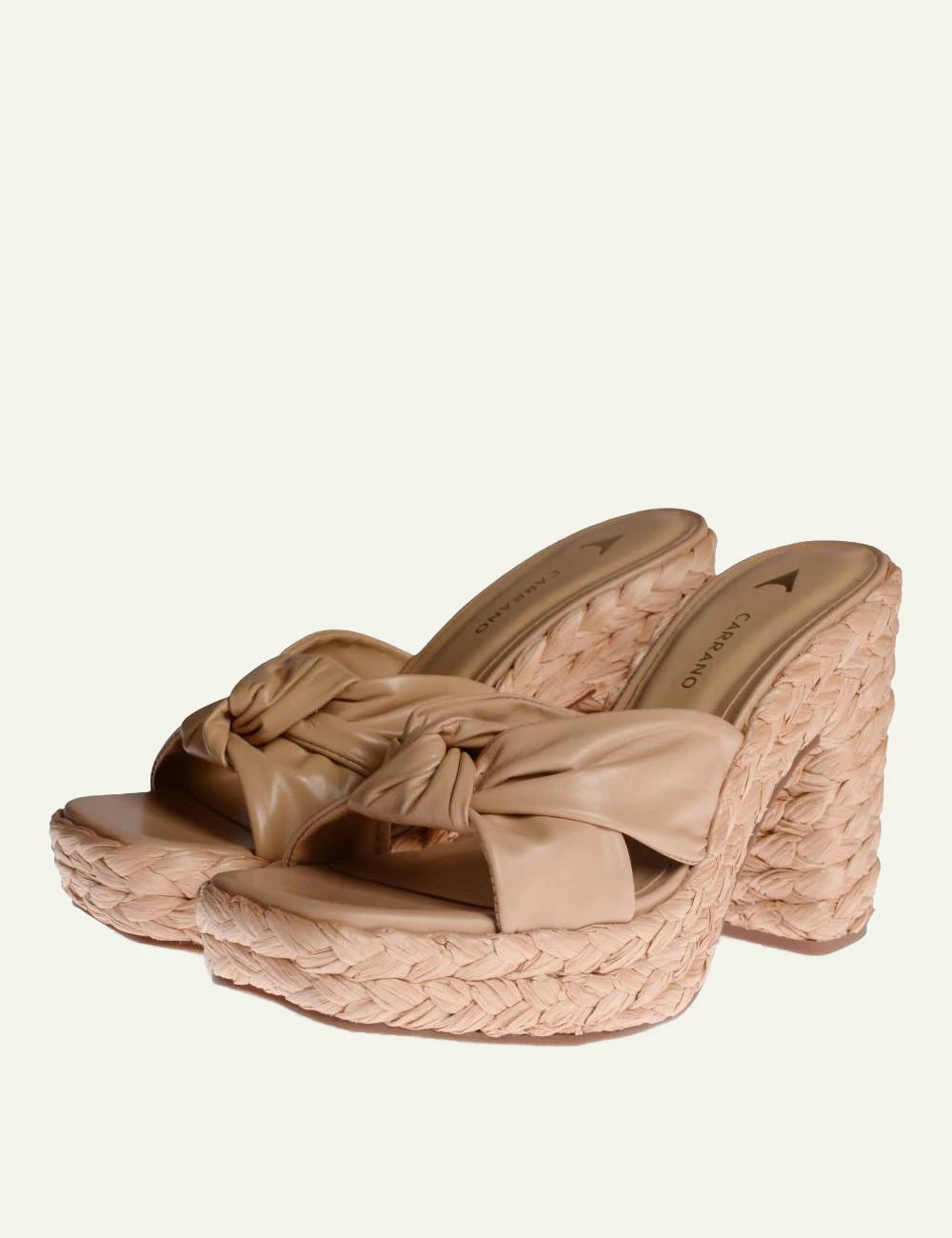 Carrano mule platform beige leather raffia heel side detail view
