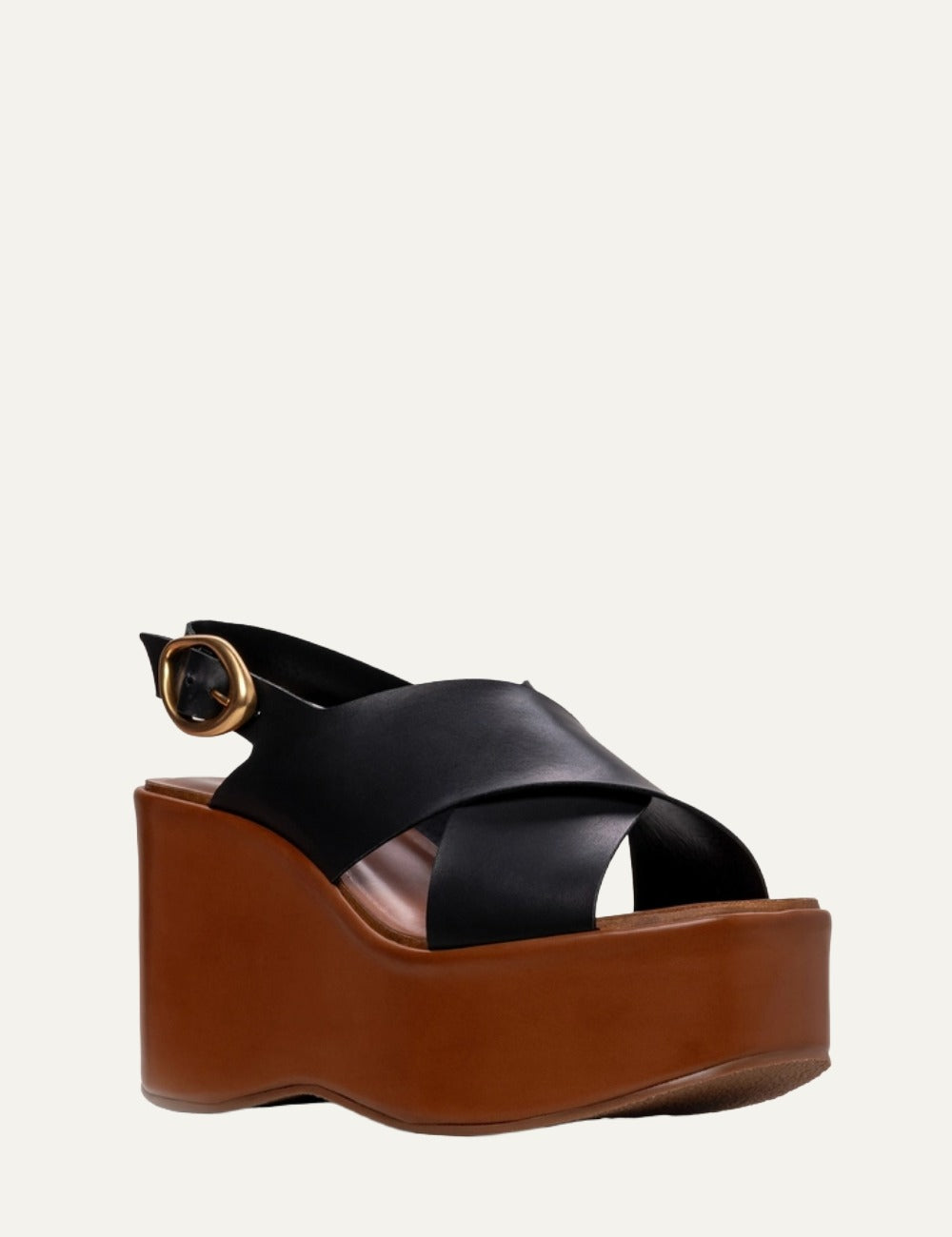 Carrano wedge sandal black leather buckle side view front