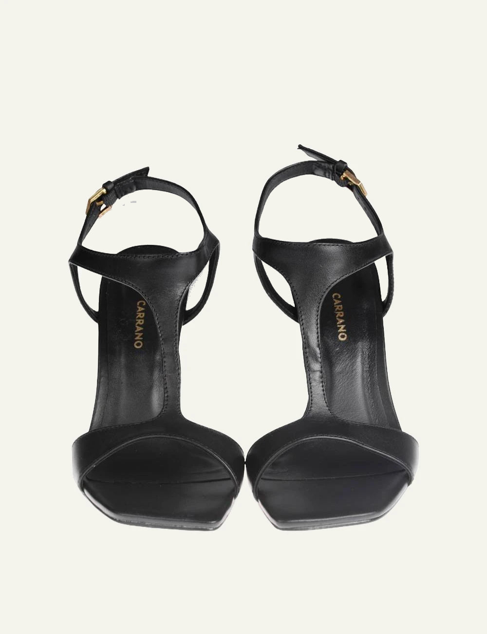 Carrano black leather heeled sandals T-bar strap front view