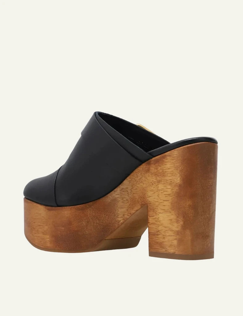 Carrano platform mule leather black wooden heel buckle back view