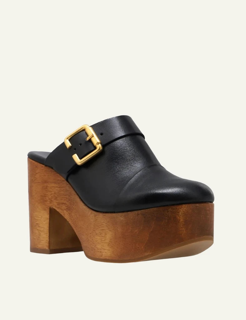 Carrano platform mule leather black wooden heel buckle angled view