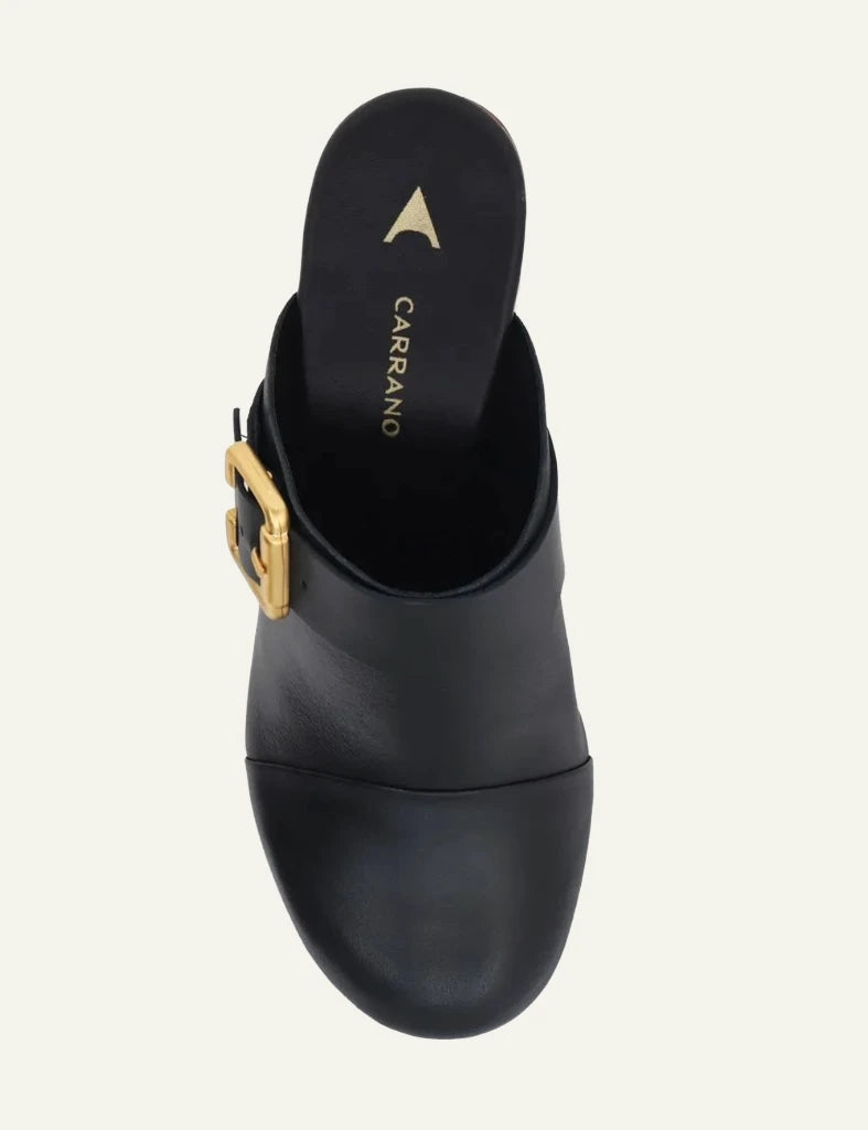 Carrano platform mule leather black wooden heel buckle top view