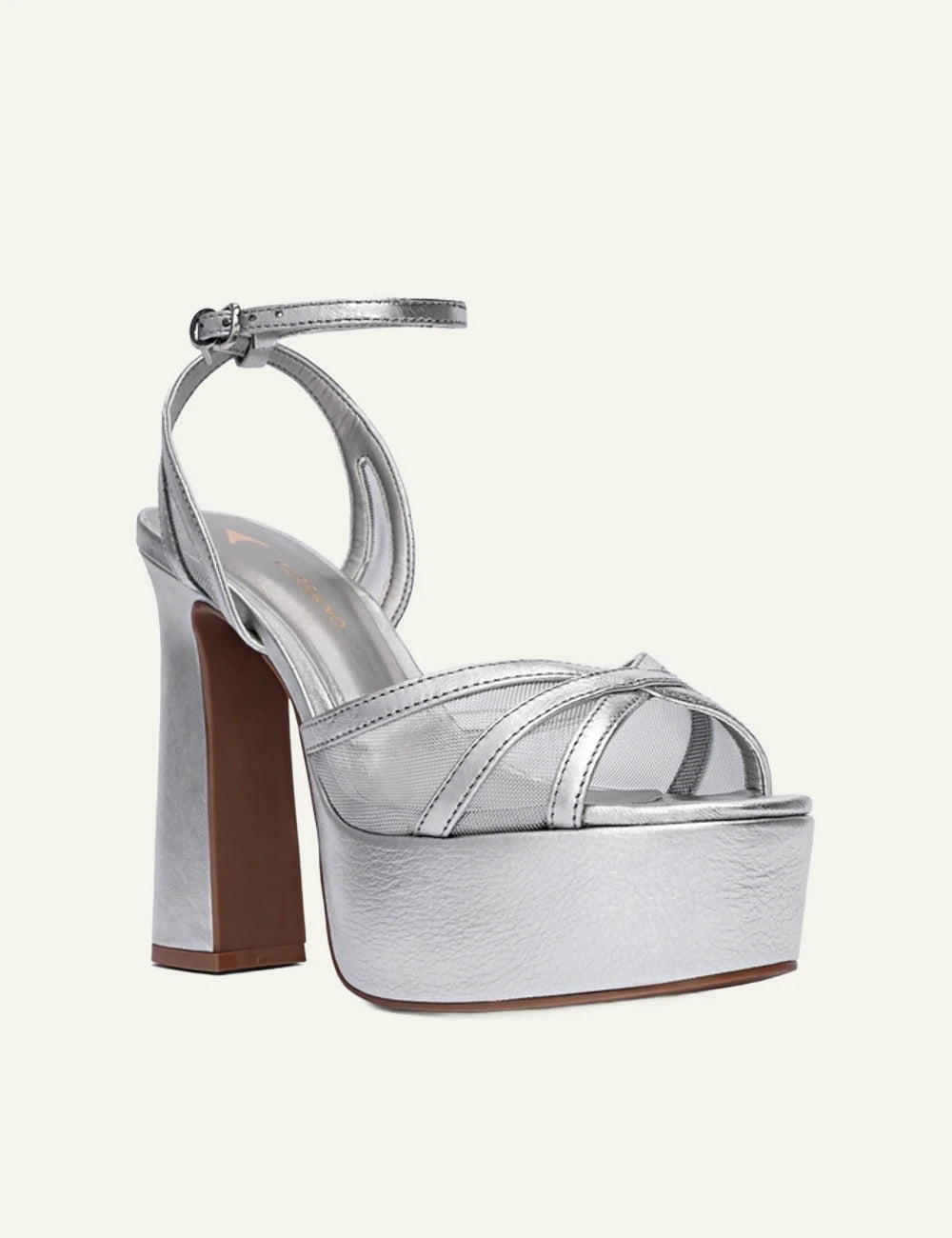 Allure platform sandal silver mesh detail angled view