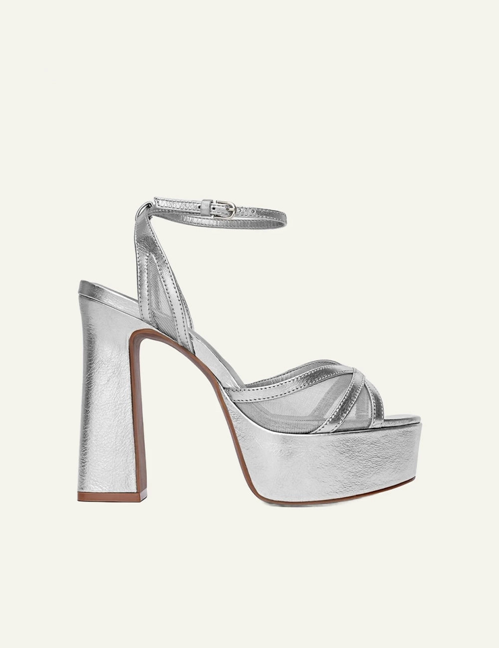 Allure platform sandal silver mesh detail side view