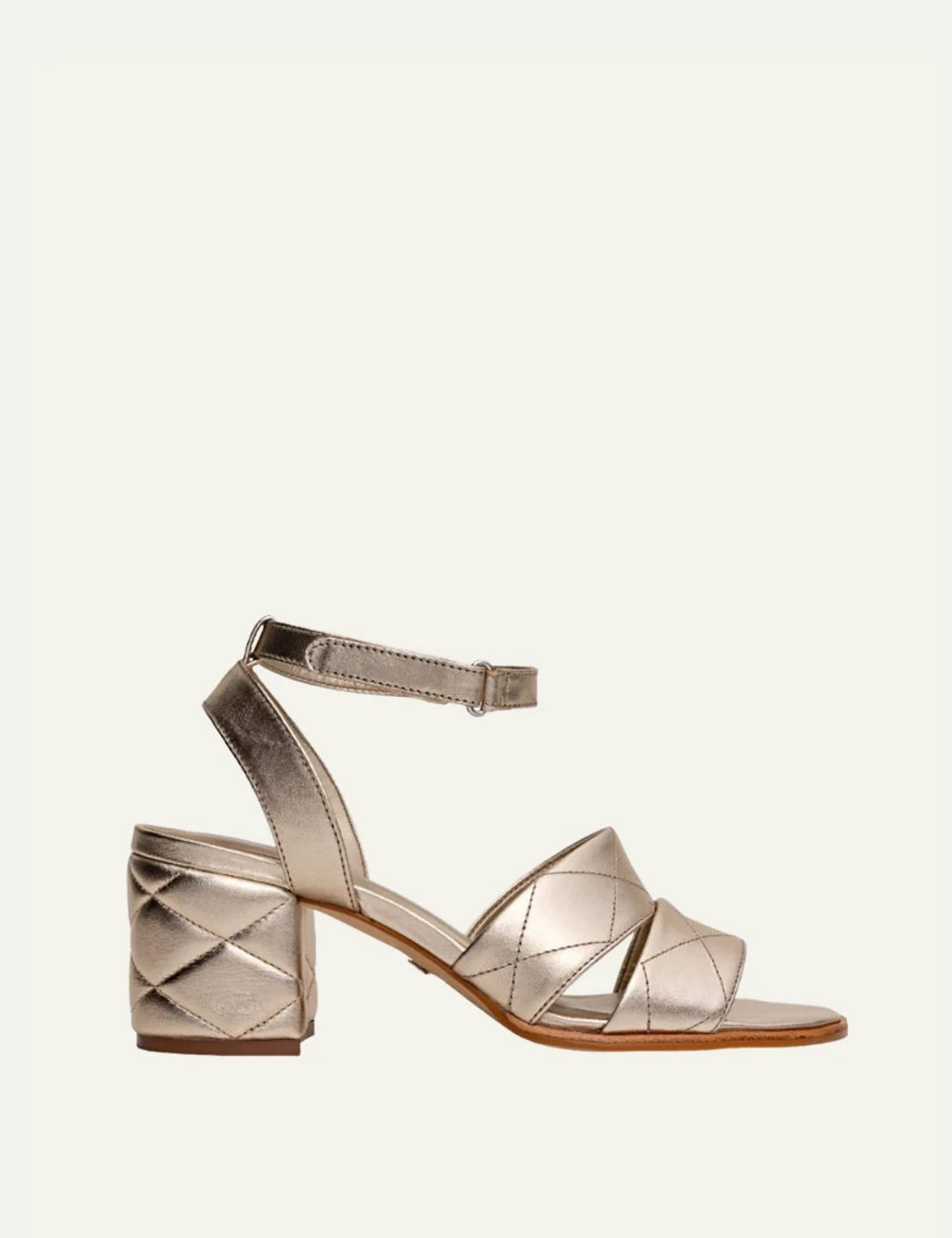 Carrano block heel sandal leather gold quilted straps side view