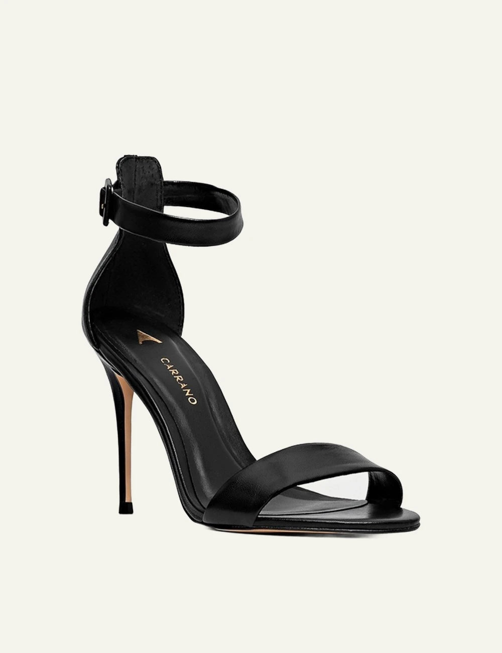Carrano sandal black leather ankle strap stiletto heel front view