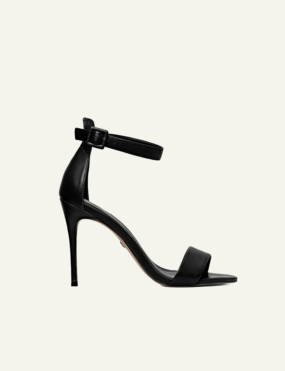 Carrano sandal black leather ankle strap stiletto heel side view