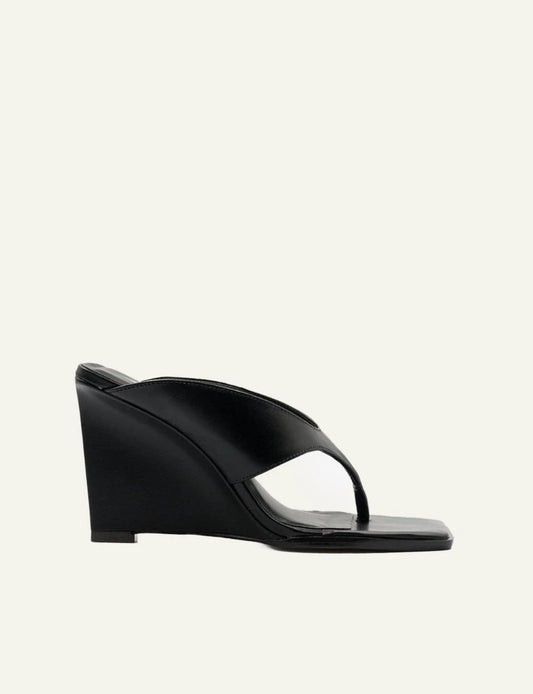 Carrano wedge mule sandal leather black thong square toe side view