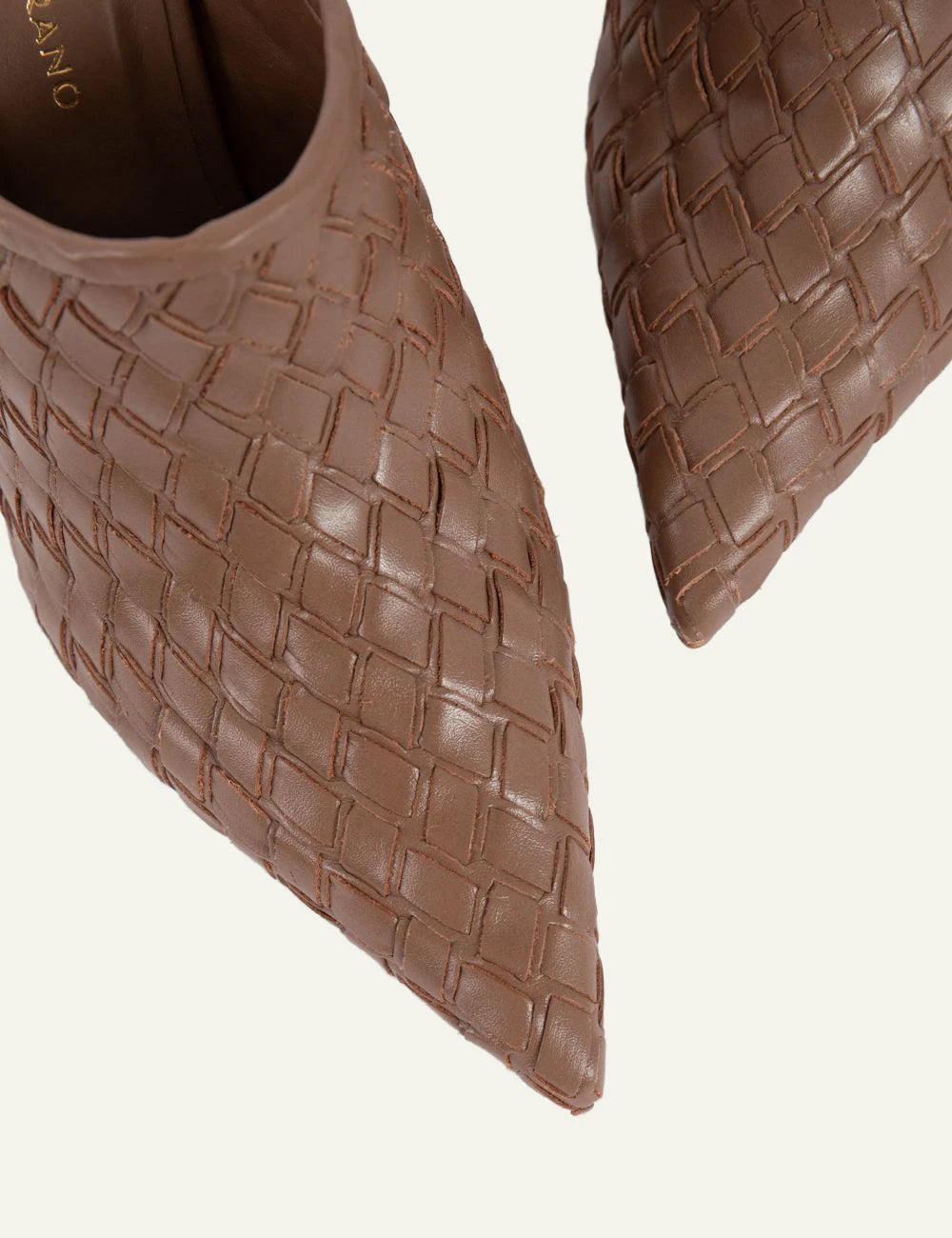 Carrano heel mule woven mocha angled view