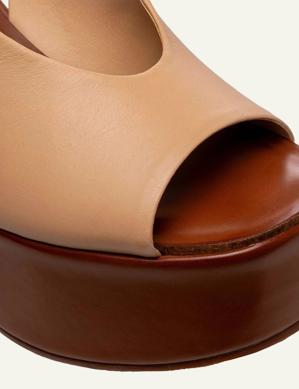 Carrano wedge sandal beige leather buckle angled detail view