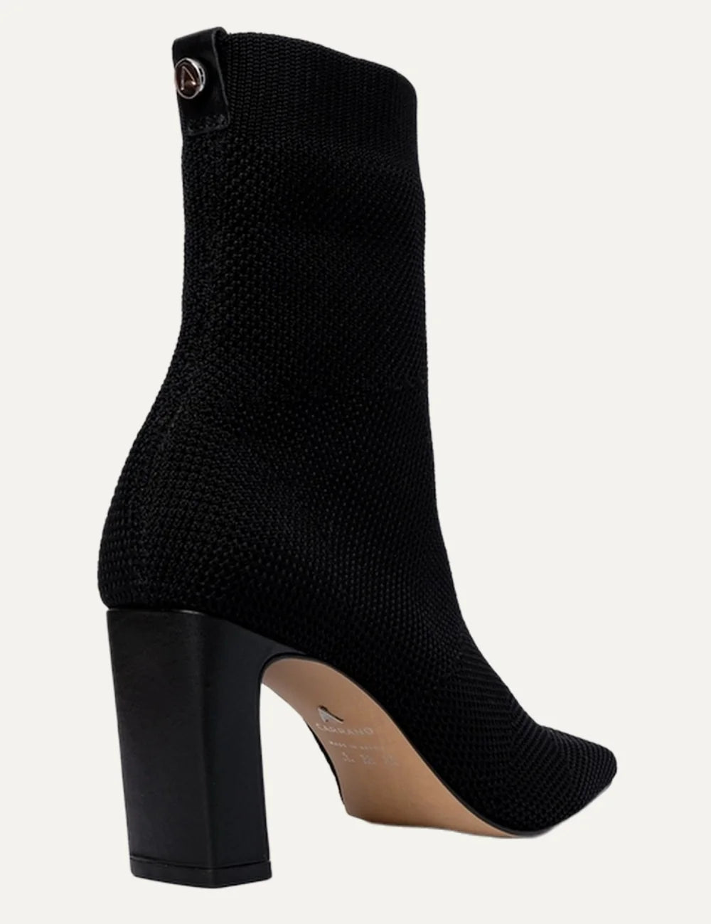  Carrano Women’s Black Knit Sock Ankle Boots back view heel details