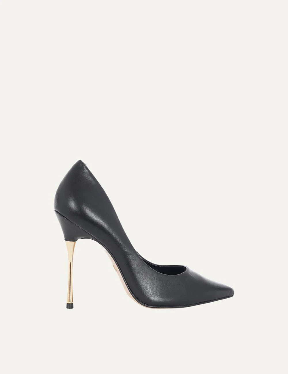 Carrano Women’s Black Leather Pumps With Gold Stiletto Heel side view