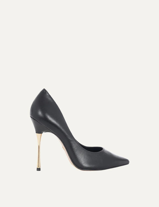 Carrano Women’s Black Leather Pumps With Gold Stiletto Heel side view