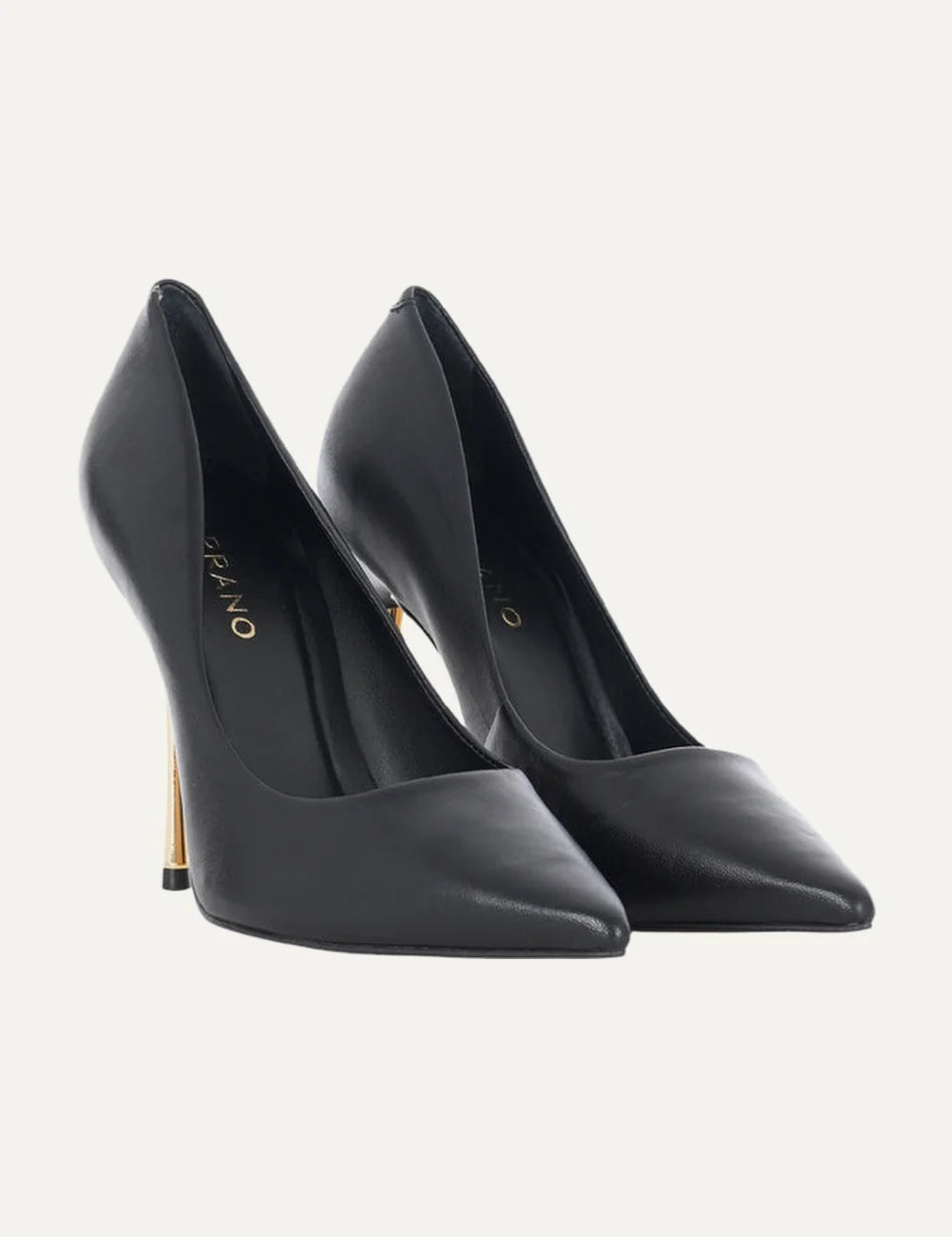Carrano Women’s Black Leather Pumps With Gold Stiletto Heel front angle pair view