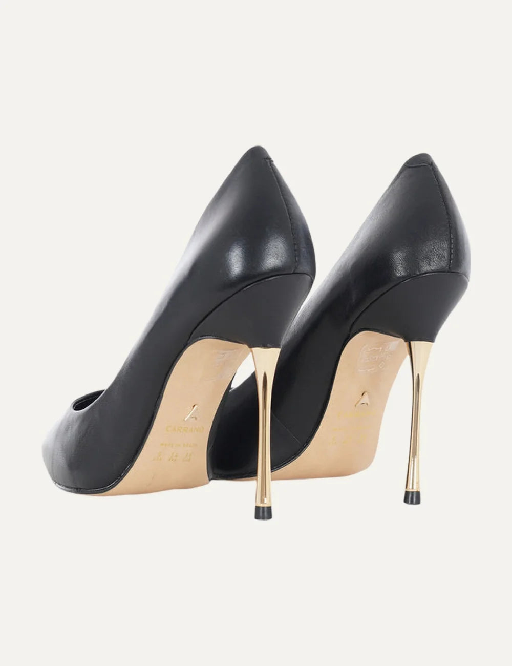 Carrano Women’s Black Leather Pumps With Gold Stiletto Heel pair back view