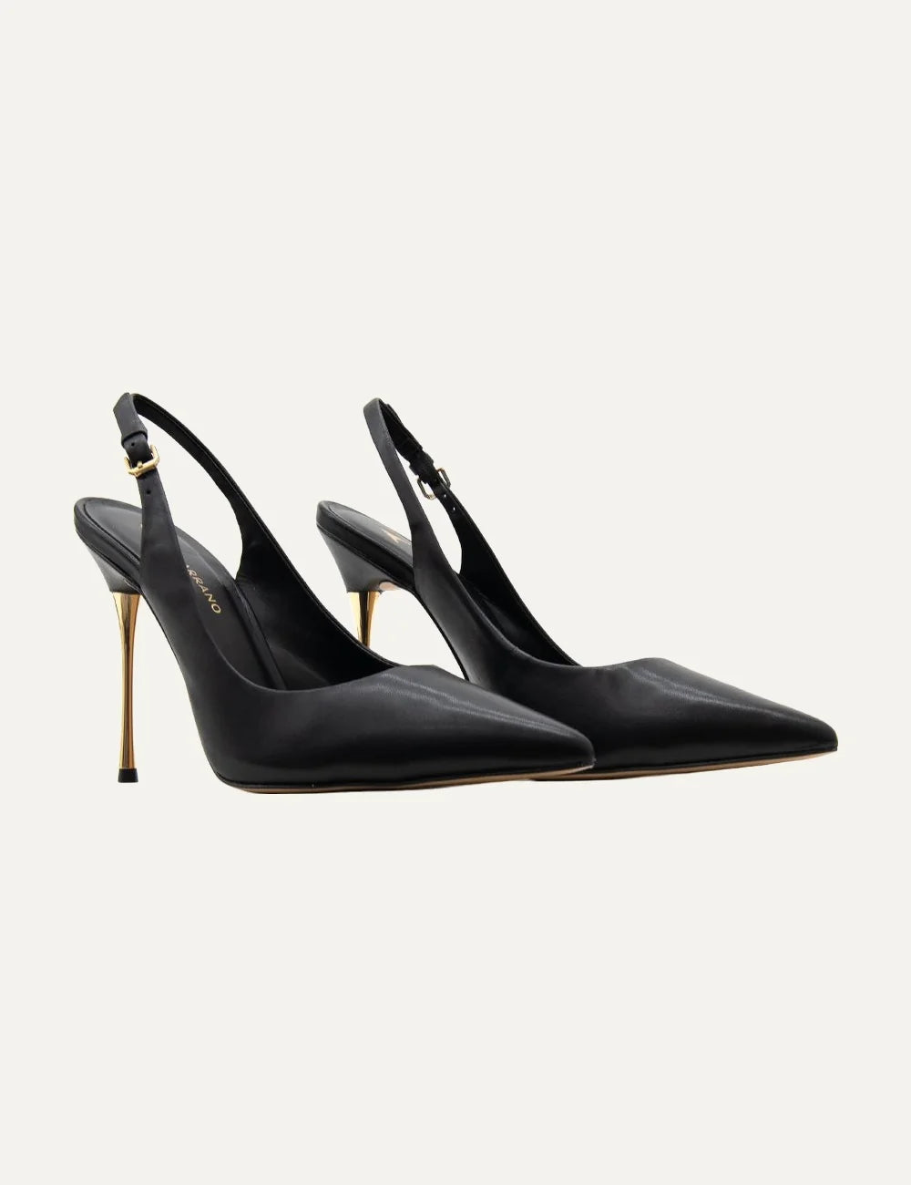 Carrano Women’s Black Leather Slingback Stiletto Pumps front angle pair details view