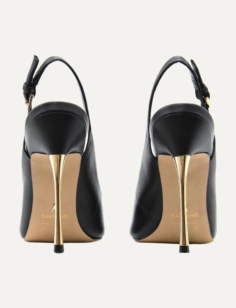 Carrano Women’s Black Leather Slingback Stiletto Pumps back view heel detail