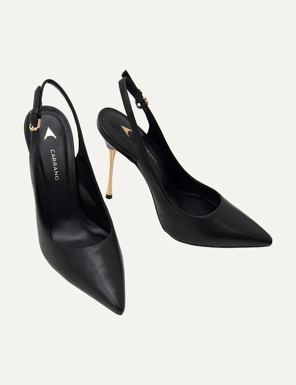 Carrano Women’s Black Leather Slingback Stiletto Pumps pair details
